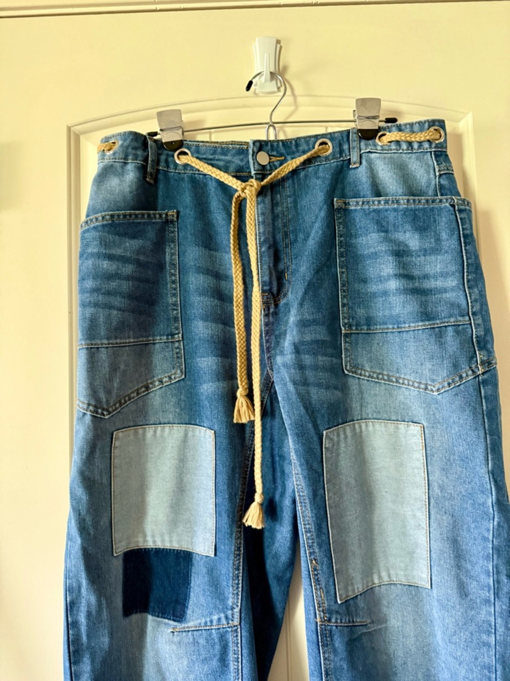 Patchwork Relaxed Denim Pants With Rope Belt - Picture 3 of 9